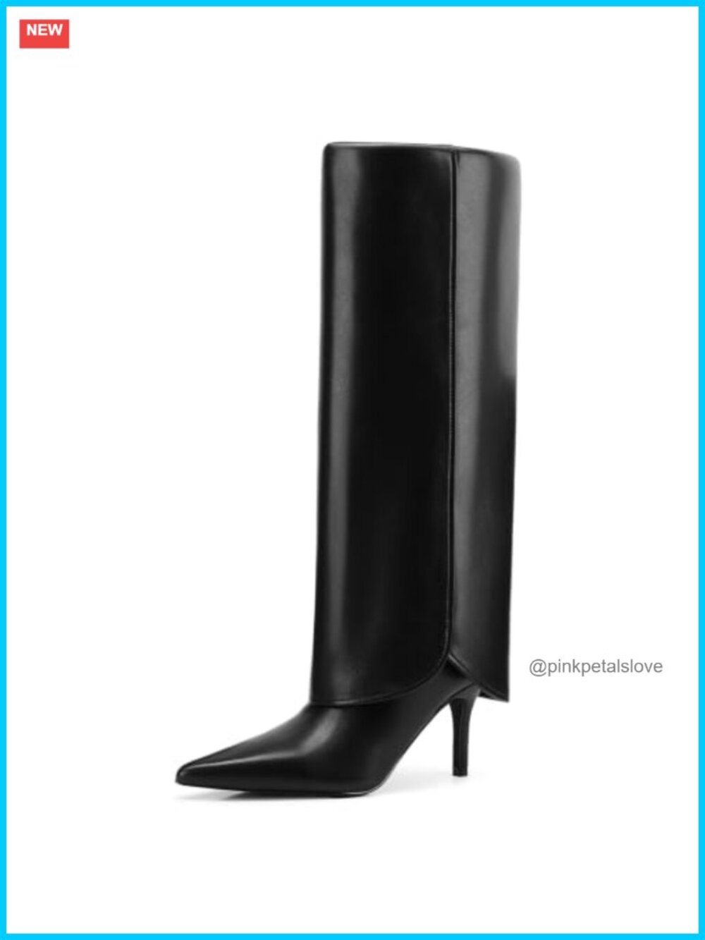 Faux Leather Knee High Boots Pointed Toe Stiletto Zip Fold Over